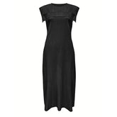 Ladies simple loose sleeveless pleated waistcoat round neck mid-length dress