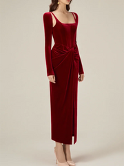 temperament square collar design with pleats and twists, solid color dress, long skirt, women's clothing