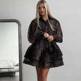 Early spring chiffon leopard print long sleeved dress with a lapel and puffy skirt