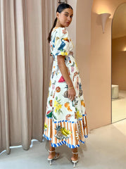 Short Sleeve Vintage Print Maxi Dress Casual Round Neck Puff Sleeve Loose Women Long Dress Slim Fit Elegant Robe