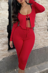 U Neck Slit Tie Up Long Sleeve Crop Top Slim Fit Capri Pants 2pcs Set - Red
