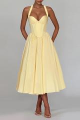 Halter Neck Corset Design Solid Color A - Line Midi Dresses - Yellow