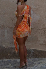 Pattern Print Cutout Ruffled Irregular Mini Dresses - Orange
