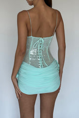 Sequin Patchwork 3D Flower Ruched Slip Mini Dresses - MintGreen