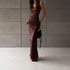 PU Leather Party Dress Women Night Sleeveless Split Long Dresses Fall Winter Clothes