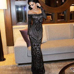 Westen Temperament Sequin Sexy One Neck Dress Banquet Evening Dress Women Long Dress