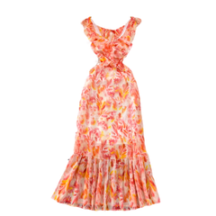 V-Ausschnitt, gerüschtes A-Linien-Kleid im Meerjungfrauen-Stil, bedruckt, elegantes langes Kleid