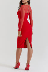 Mesh Patchwork Long Sleeve Irregular Corset Bodycon Midi Dresses - Red