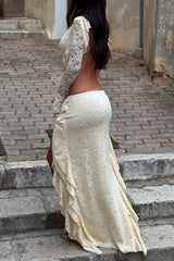 Lace Flare Sleeve Crop Top Ruffled High - Low Maxi Skirt 2pcs Set - Ivory