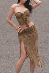 Strapless Tie Up Crop Top Lace Slit Irregular Midi Skirt 2pcs Set - Coffee