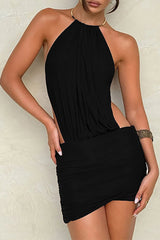 Solid Color Ruched Bodycon Halter Open Back Mini Dresses - Red