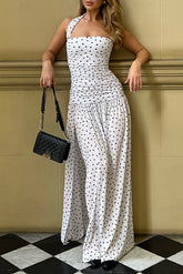 Halter Neck Cinch Waist Polka Dot Print Side Slit Maxi Dresses - White