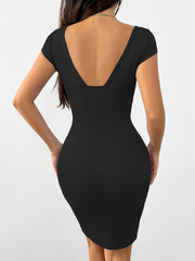 European and American sexy V-neck short sleeved dress with high waist, pullover, slim fit, hip hugging, mid skirt