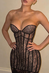 Floral Pattern Plunge Neck Strapless Bodycon Mini Dresses - Coffee