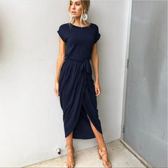 short sleeved front slit irregular short sleeved slim fit dress