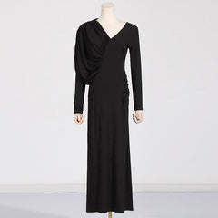 Asymmetric slim fit slimming long dress with V-neck design pleated solid color dress