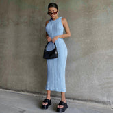 Solid Color Knitted Sleeveless Round Neck Dress Women Outfits Streetwear Clubwear Casual Urban Bodycon Tank Dresses