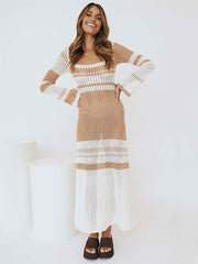 GACVGA Striped Knitted Sexy Long Dress Full Sleeve Hollow Out Casual Women Beach Party Maxi Dress