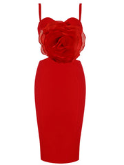 Ladies Splicing 3D Large Flowers Spaghetti Strap Backless Design Club Party Sleeveless Sexy Midi Bandage Dress