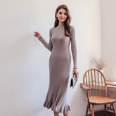 Ribbed-knit Jersey Dress Long Sleeve Ruffle Hem Solid Color Crew Neck Sweater Dress Knitwear Autumn/Winter Woman Clothing