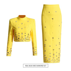 Handmade Beading Short Jacket Skirt Sets Outfits Designer Long Dress Set White Black Yellow Slim Suits Wedding