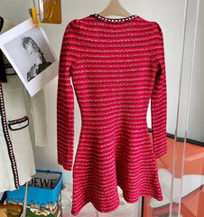 Arrive Red Color Knitted Women Mini Dress V Neck Long Sleeve Slim Lady Short Dress
