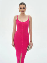 Single Breasted Rib Knitted Dress Women Spaghetti Strap Midi Split Dresses