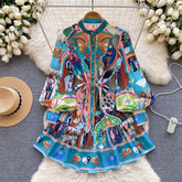 Bedruckter Rock Damenkleid mit Stehkragen und Laternenärmeln