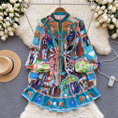 Bedruckter Rock Damenkleid mit Stehkragen und Laternenärmeln