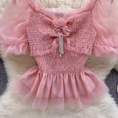 Women's square collar mesh puff sleeve blouses