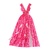 Damen Sommer Blumen Strapskleid mit gerüschtem Schlitz