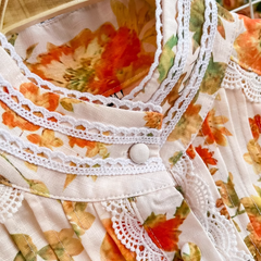 Vestido con estampado de cintura con cinturón y borlas y mangas estilo farol estilo retro