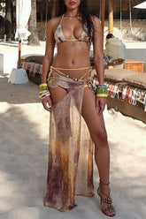 Cutout High Slit Semi Sheer Maxi Skirt Tie Up Halter Bikini 3pcs Set - Brown