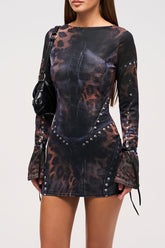 Leopard Print Flare Sleeve Studded Slim Fit Mini Dresses - Black