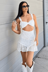 Irregular Neck Back Lace Up Sleeveless Mesh embroidery Jacquard Ruffle Hem Mini Dresses