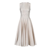 French high-end three-dimensional voluminous waist cinched long skirt with striped temperament slimming sleeveless dress