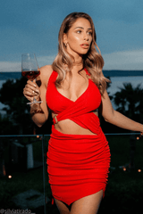 Deep V Neck Halter Cutout Ruched Bodycon  Mini Dresses - Red