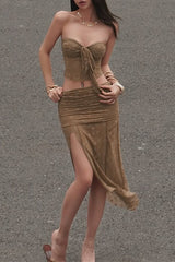Strapless Tie Up Crop Top Lace Slit Irregular Midi Skirt 2pcs Set - Coffee