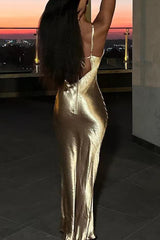 Cowl Neckline Metallic Finish Slim Fit Backless Strappy Maxi Dresses - Gold