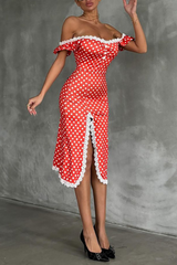 Lace Trim Dropped Shoulder Polka Dot Print Slit Midi Dresses - Red