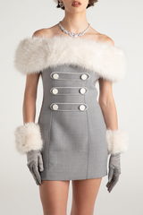 Off Shoulder Plush Patchwork Double - Breasted Mini Dresses - Grey