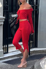 U Neck Slit Tie Up Long Sleeve Crop Top Slim Fit Capri Pants 2pcs Set - Red