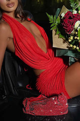Plunging Neck Halter Top Ruched Mini Skirt Party 2pcs Set - Red