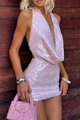 Sequin Cowl Neckline Halter Bodycon Mini Dresses - Pink Pre Order