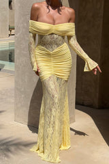 Jacquard Lace Patchwork Off Shoulder Long Sleeve Ruched Maxi Dresses - Yellow