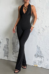 Lace Patchwork Plunge Neck Halter Slim Fit Micro - Flared Leg Jumpsuit - Black