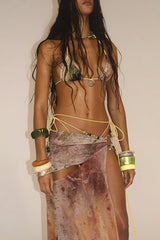 Cutout High Slit Semi Sheer Maxi Skirt Tie Up Halter Bikini 3pcs Set - Brown