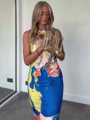 Print Tulle Long Dresses Ruched Midi Dress Woman Sexy Backless Party Dresses Sleeveless Dress Women