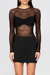 Mesh Patchwork Long Sleeve Ruched Bodycon Mini Dresses - Black