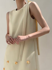 French style small fragrance A-line skirt floral heavy industry nail bead round neck ribbon dress sleeveless